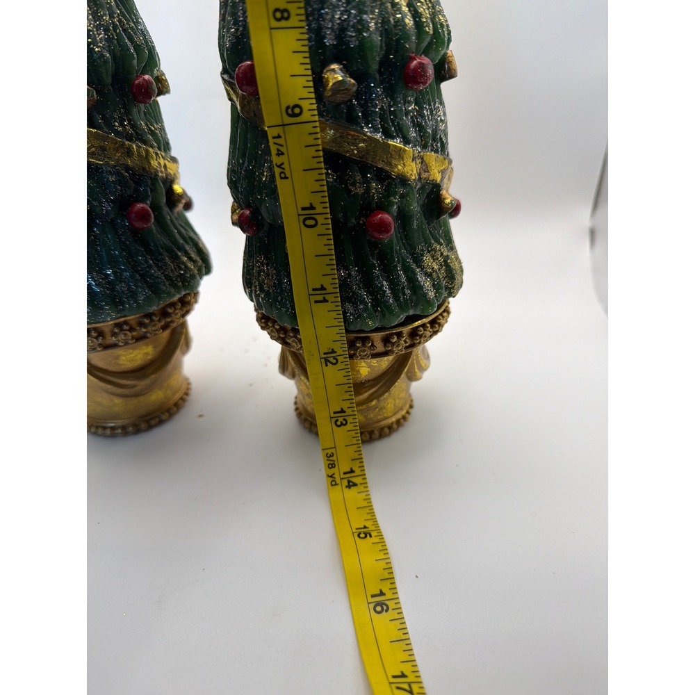 Department 56 Christmas Tree Pillar Candles Gold Base Glitter Set of 2 Green 12" - Picture 7 of 7